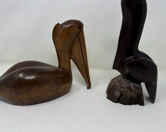 Hand Carved Wood Pelican Bird Sculptures- VTG 1975