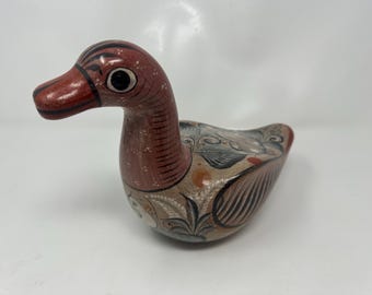 Vintage Tonala Pottery Ente, mexikanische Volkskunst, handbemalte Keramik-Vogelfigur