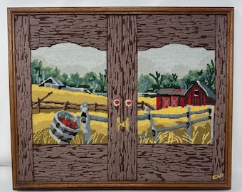 Vintage Needlepoint- Barn Through Window Scene, Framed