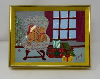 Vintage Hand Painted Christmas Scene in Yellow Frame