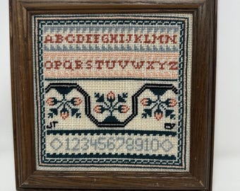 Vintage Framed Cross Stitch Alphabet Sampler | Hand Embroidered Needlework | Cottage Farmhouse Decor (1987)