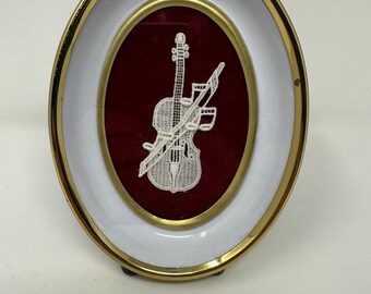 Vintage Oval Lace Violin Art | Brass Tone Frame, Burgundy Velvet, Musical Wall Decor