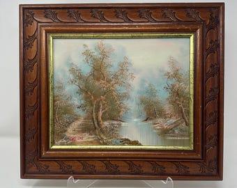 Vintage Hand Painted Landscape Scene in Wood Frame