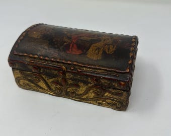 Antique Gilt Papier Mâché Jewelry Box with Painted European Scene,