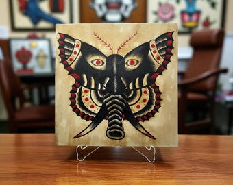 Tattoo Flash Art of Moth, Hand Painted Acrylic on Canvas 12" x 12"