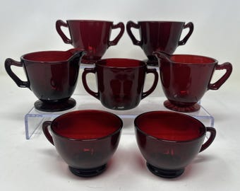 Anchor Hocking Royal Ruby Red Glaswarenset Vintage Tee-, Sahne- und Zuckergläser 7-teilig