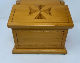 Vintage Hand Carved Wooden Recipie / Keepsake / Trinket Box with carved cross motif
