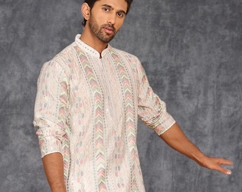 Men White Geometric Embroidered Sequinned Straight Kurta