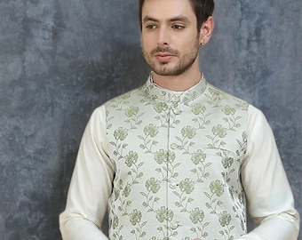 Men Printed Satin Nehru Jacket Waistcoat