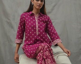 2-teiliges Damen-Koord-Set – Coord-Outfit, Shirt-Top & Palazzo-Set aus geblümter Baumwolle