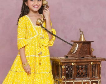 Conjunto Bandhani Kurta para niñas – Traje de algodón estilo imperio con Sharara, vestido indio festivo