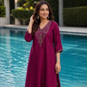 Women Purple Satin Kaftan Kurta Palazzo Set
