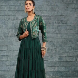 emerald green silk festive tiered anarkali dress Designer Bollywood Style Emerald Green Anarkali Suit | Party Wear Indian Dress | Wedding Guest Outfit | Festive Eid Wear Gown Diwali Outfit