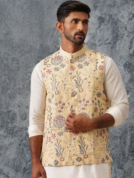 Men Yellow Grey Pink Floral Embroidered Silk Cotton Nehru Jacket