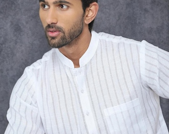 Men White Striped Mandarin Collar Pure Cotton Straight Kurta