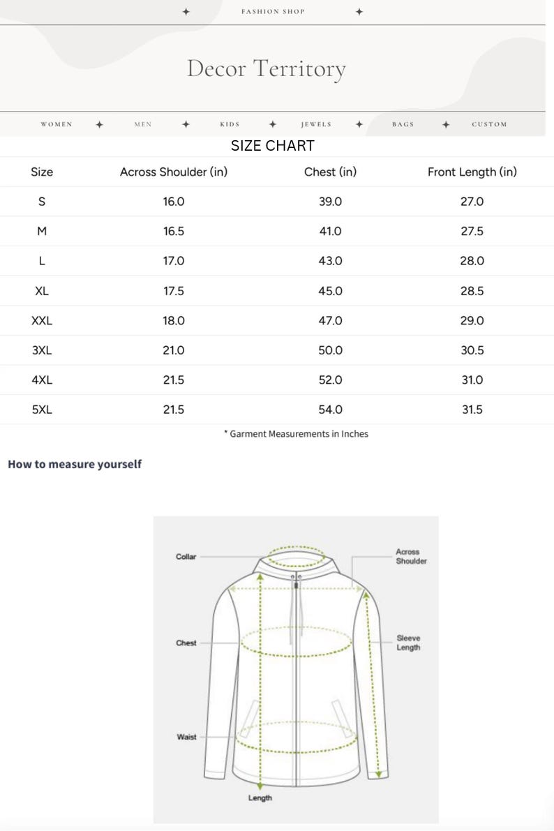 May include: A size chart for clothing titled Decor Territory, featuring a table with sizes S through 5XL and measurements in inches for across shoulder, chest, and front length. Below is a diagram showing how to measure a jacket with labels.