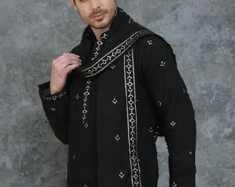 Men Black Floral Embroidered Chikankari Silk Kurta with Dupatta