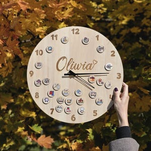 Personalized Wooden Kids Clock and Montessori Daily Planner with Magnetic Activity Tiles to help kids learn time and plan their day