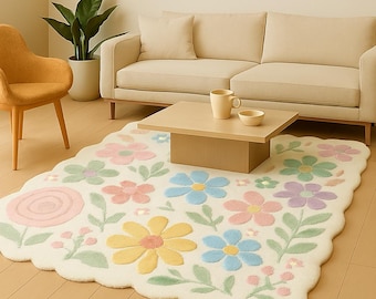 Hand Tufted Wool Rug, Pastel Floral Scalloped Carpet, Nursery Decor