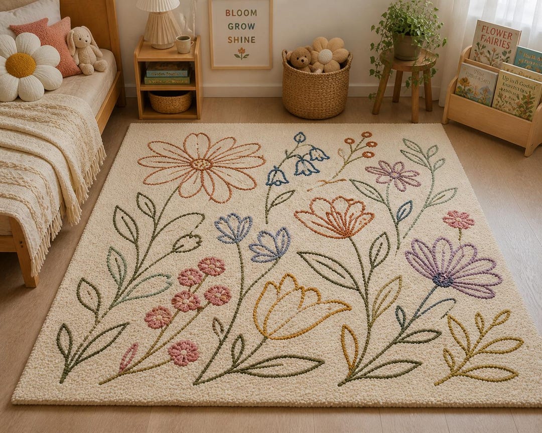 Nursery Rug Texture Hand-tufted Wool Floral Nursery Rug, Botanical Kids Bedroom Carpet - Etsy