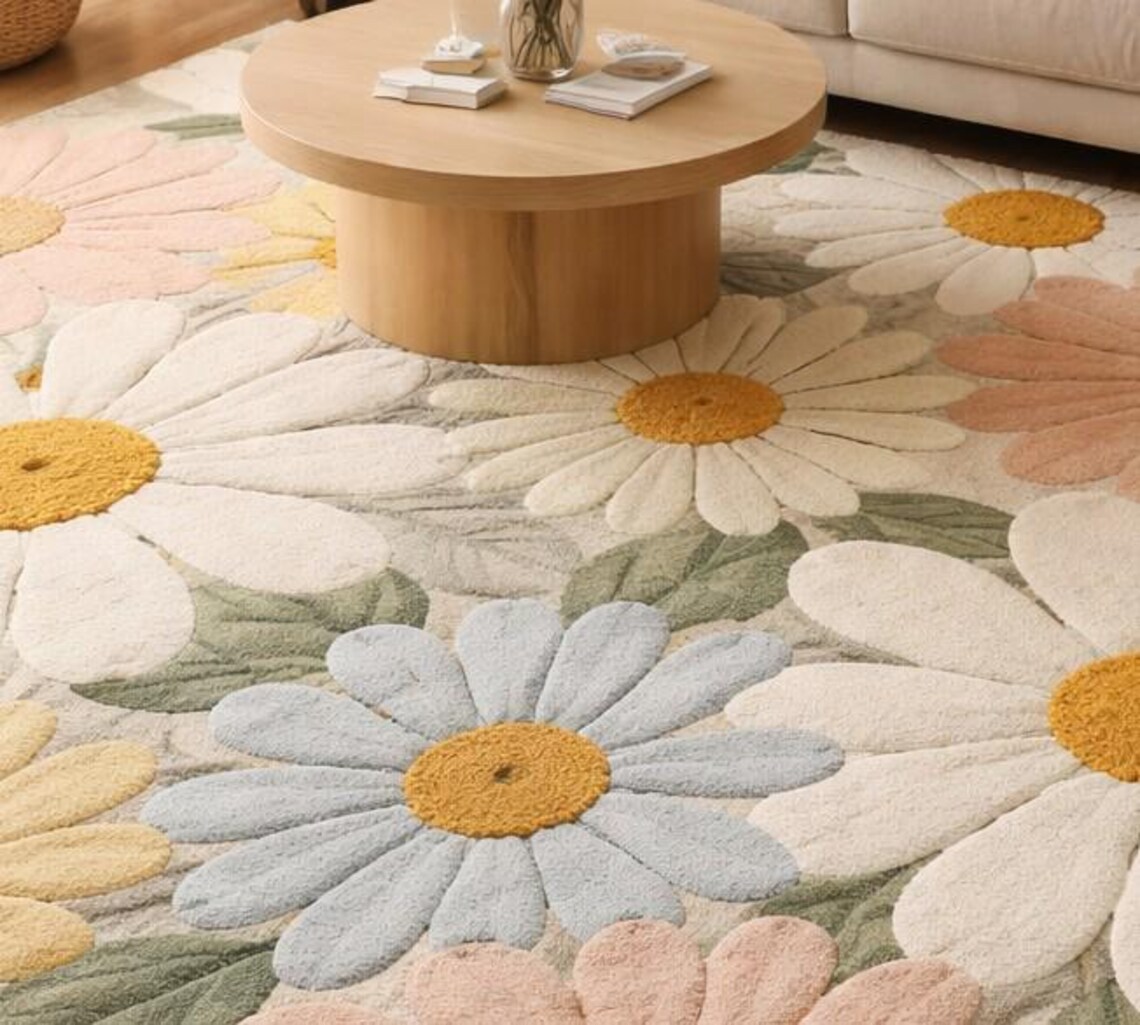 Hand Tufted Wool Daisy Rug | 3D Floral Living Room Carpet, Boho Home ...
