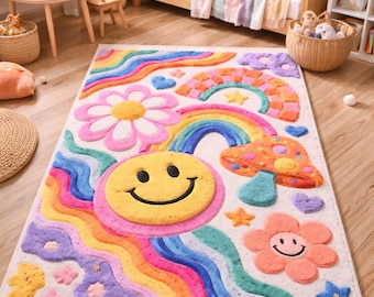 Hand-Tufted Wool Smiley Face Rainbow Rug, Pastel Boho Kids Room Carpet