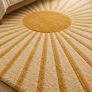 May include: A rectangular area rug featuring a central mustard yellow circle with radiating sunburst lines in alternating mustard yellow and cream colors. The rug has a thick, tufted texture and covers a portion of the floor under a bed frame.