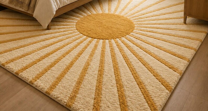 May include: A rectangular area rug featuring a central mustard yellow circle with radiating sunburst lines in alternating mustard yellow and cream colors. The rug has a thick, tufted texture and covers a portion of the floor under a bed frame.