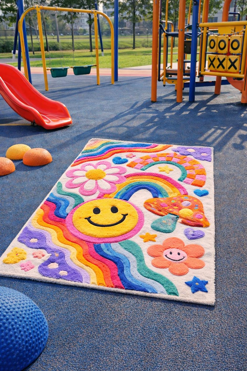Colorful Face Rug Hand-tufted Wool Smiley Face Rainbow Rug, Pastel Boho Kids Room Carpet ...