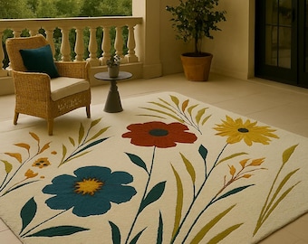 Hand Tufted Wool Floral Rug, Modern Botanical Carpet