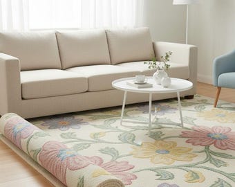 Handgetufteter Wollflorteppich, Pastellblumenteppich