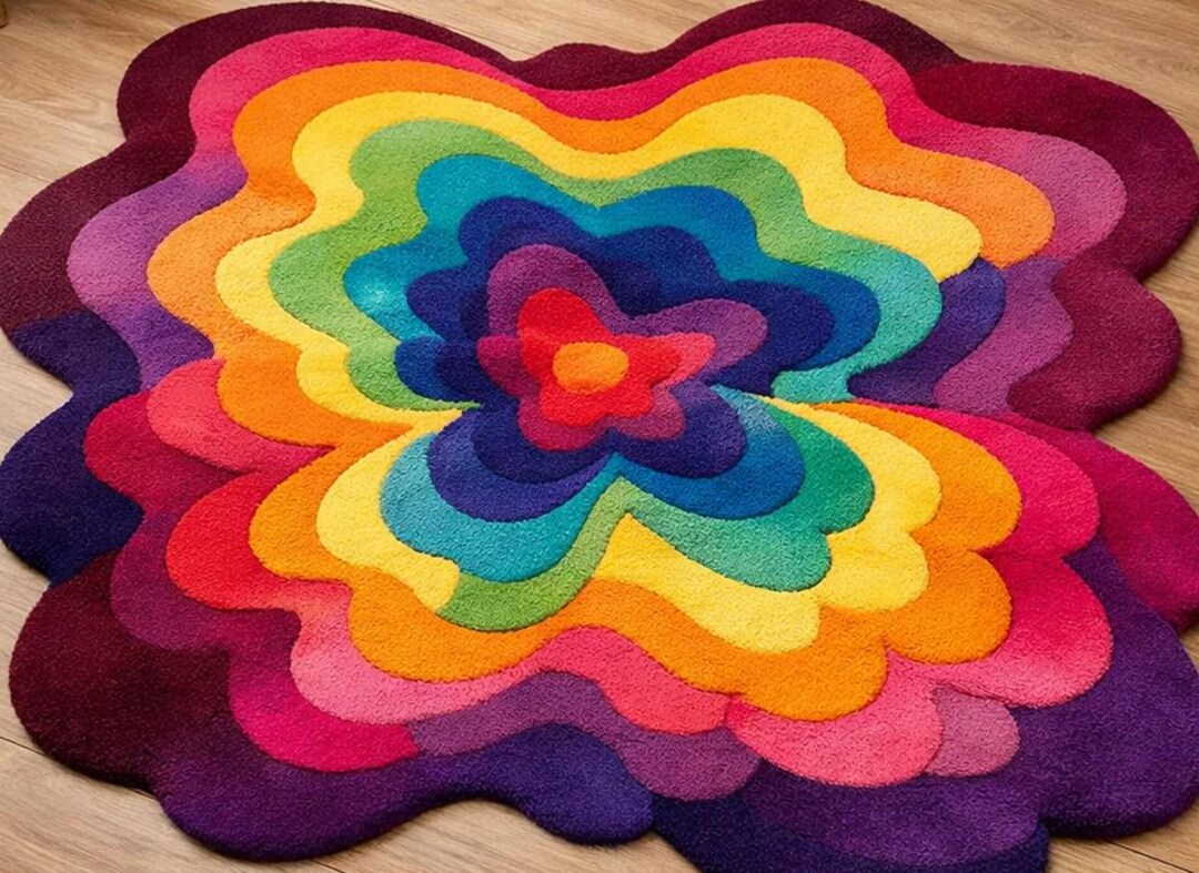 Wool Rainbow Rug Hand Tufted Wool Rug, Retro Rainbow Floral Carpet, 3D Puffy Irregular ...