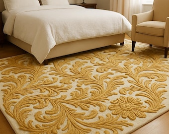 Hand-Tufted Wool Rug | Beige & Gold Floral Carpet | festive rug