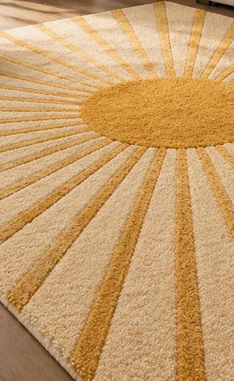 May include: A circular area rug featuring a textured, tufted surface with a central mustard yellow circle and radiating sunburst rays in alternating mustard yellow and cream white colors, creating a geometric pattern across the entire rug.