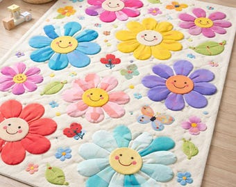 Hand Tufted Wool Flower Rug, Colorful Daisy Playroom Carpet, Soft Baby Room Decor