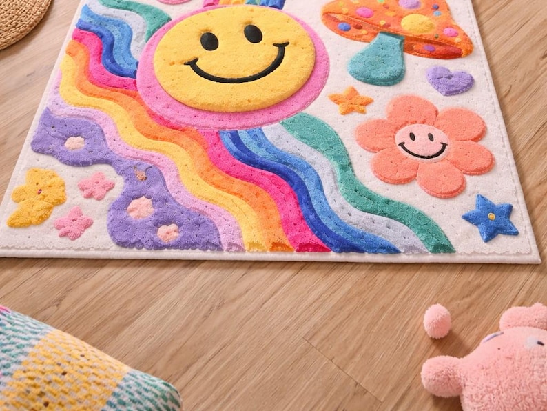 Hand-tufted Wool Smiley Face Rainbow Rug, Pastel Boho Kids Room Carpet ...