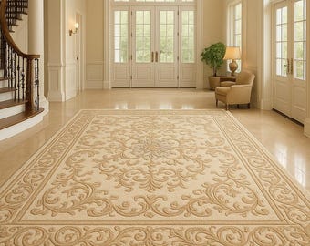 Hand-Tufted Wool Area Rug | Beige Floral, Luxury Carpet, Royal Rug
