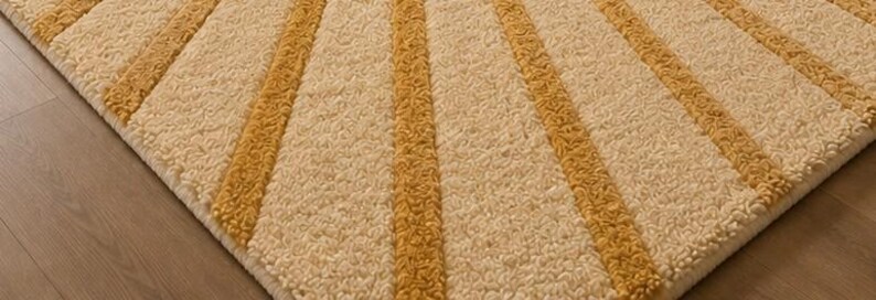 May include: A rectangular area rug featuring a textured, high-pile surface with alternating diagonal stripes in cream and mustard yellow. The rug has a thick, tufted construction that creates a distinct pattern of radiating lines across the fabric.