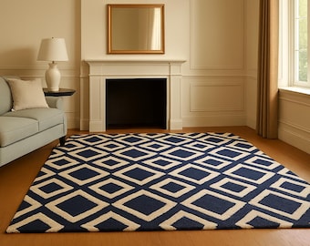 Navy Blue Geometric Wool Rug | Hand-Tufted Diamond Pattern