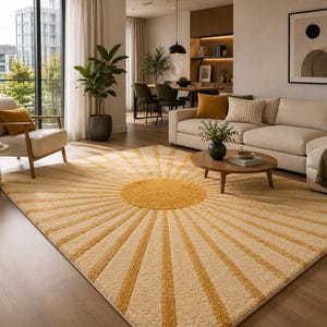 May include: A rectangular area rug featuring a central yellow circle with radiating yellow sunburst rays extending toward the edges against a cream-colored background. The rug has a textured, plush pile surface and covers a portion of the floor.