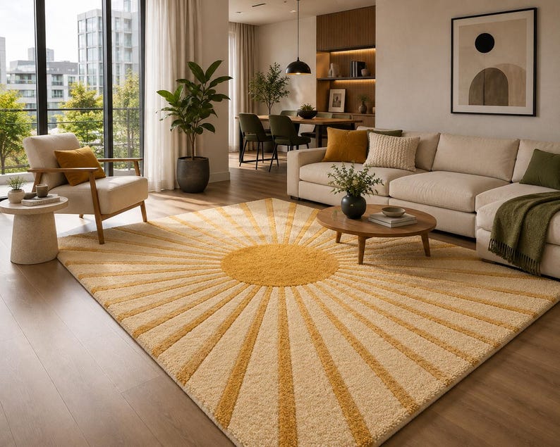 May include: A rectangular area rug featuring a central yellow circle with radiating yellow sunburst rays extending toward the edges against a cream-colored background. The rug has a textured, plush pile surface and covers a portion of the floor.