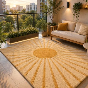 May include: A rectangular area rug featuring a central yellow circle with radiating sunburst lines in a darker yellow hue against a cream-colored background. The rug has a textured, tufted pile surface and covers a portion of the tiled floor.