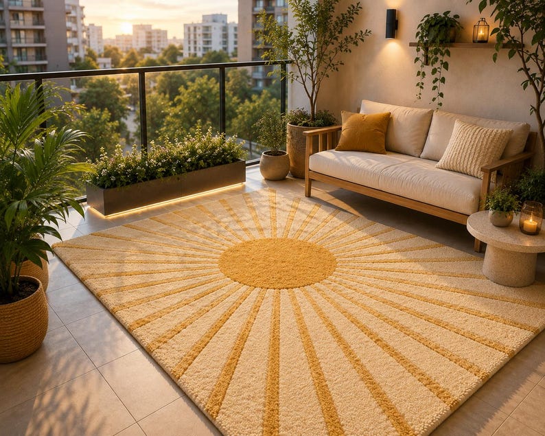 May include: A rectangular area rug featuring a central yellow circle with radiating sunburst lines in a darker yellow hue against a cream-colored background. The rug has a textured, tufted pile surface and covers a portion of the tiled floor.