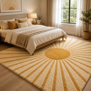 May include: A rectangular area rug featuring a central mustard yellow circle with radiating sunburst lines in alternating mustard yellow and cream colors. The rug has a textured, plush pile surface and covers a large portion of the floor space.