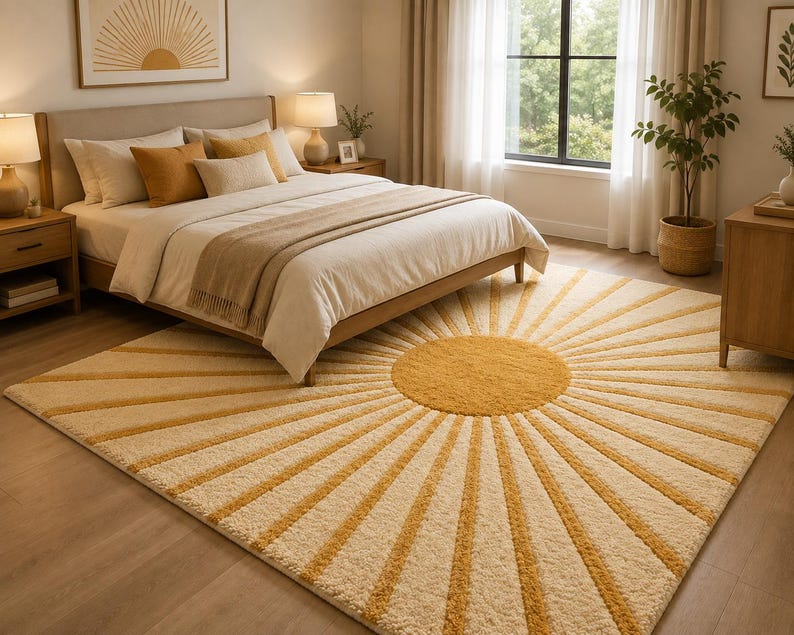 May include: A rectangular area rug featuring a central mustard yellow circle with radiating sunburst lines in alternating mustard yellow and cream colors. The rug has a textured, plush pile surface and covers a large portion of the floor space.