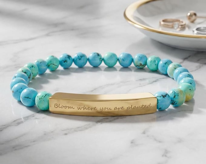 Featured listing image: Engraved Bar Natural Stone Beaded Bracelet – Inspirational Message, Stretch Design