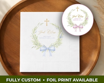 Custom Baptism Napkins - Personalized 'God Bless' Christening or First communions, Paper Cocktail Napkins, sizes 4.8x4.8 or 6.5x6.5in