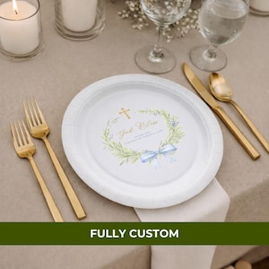 Personalized Baptism Paper Plates | Custom Christening & First Communion Party and Table Decor | God Bless Plates | Dinner and Dessert Sizes