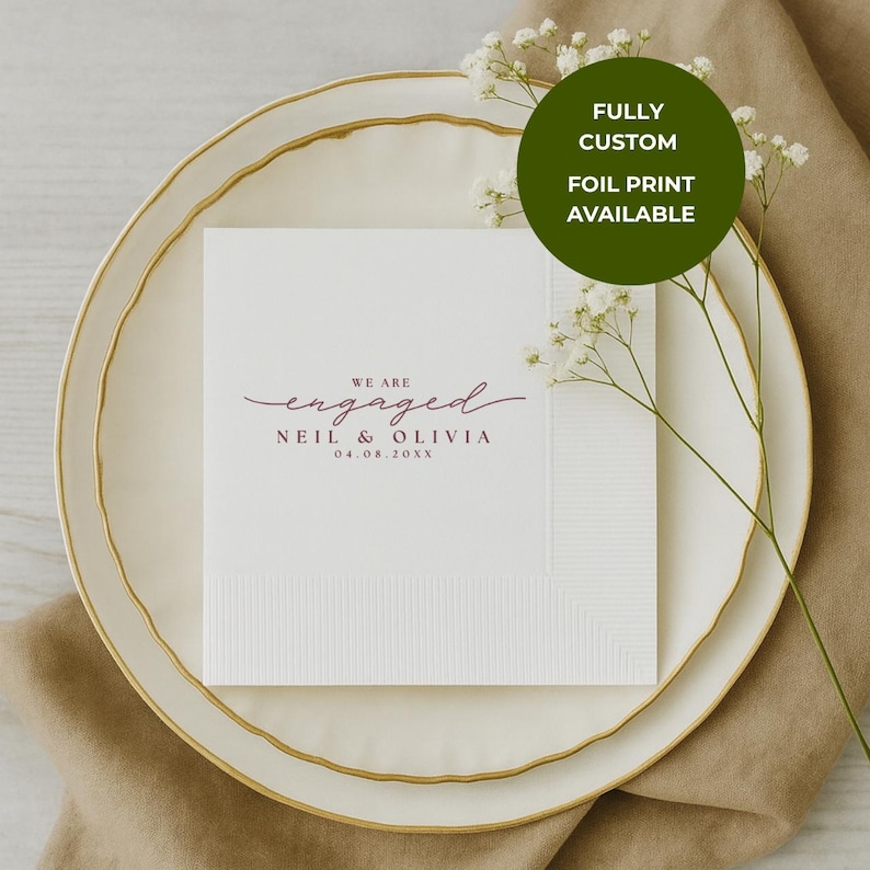 Engagement Napkins | We Are Engaged | Personalized Paper Wedding Napkins, Custom Cocktail or Luncheon Napkins for Engagement Party & Event