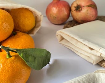 Reusable Produce Bags Set of 2 | Natural Cotton Grocery Bags | Zero Waste Fruit & Vegetable Storage | Eco Friendly Market Bag